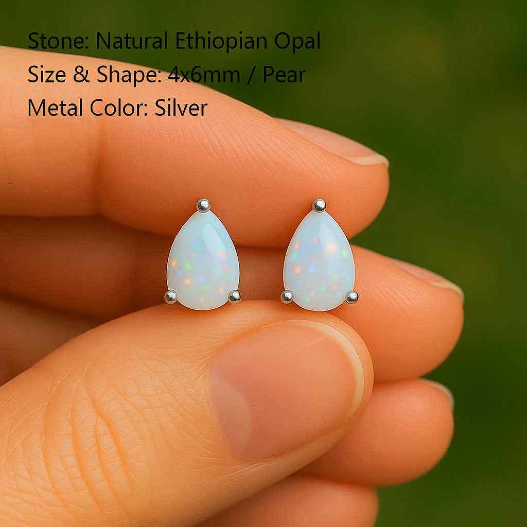 Pear Opal Stud Earrings Natural Opal Cabochon Studs in 925 Sterling Silver, Minimalist Pear Shaped Earrings