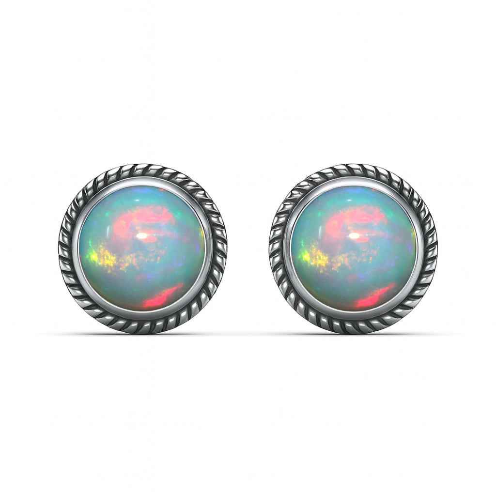 Natural Opal 6mm Round Cabochon Stud Earrings in 925 Sterling Silver – Opal Gemstone Studs