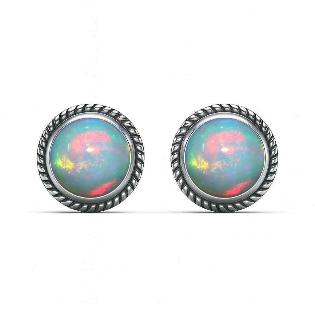 Natural Opal 6mm Round Cabochon Stud Earrings in 925 Sterling Silver – Opal Gemstone Studs