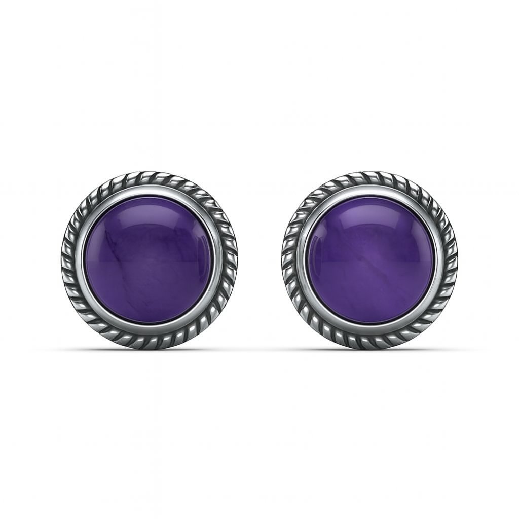 Natural amethyst 6mm round cabochon stud earrings in sterling silver, featuring gemstone studs by Himalya Quartz.