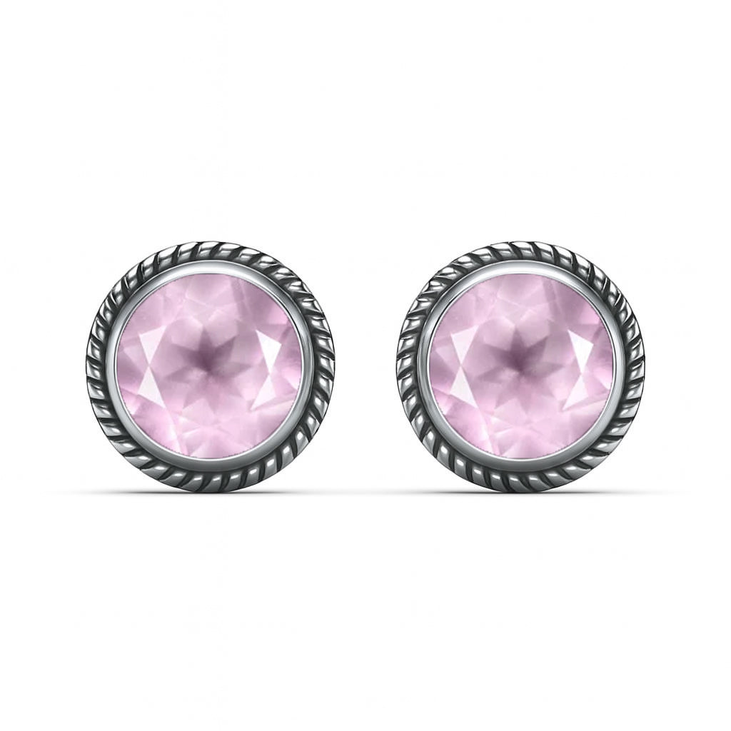 Natural Rose Quartz 6mm Round Cut Stud Earrings in 925 Sterling Silver Pink Gemstone Studs