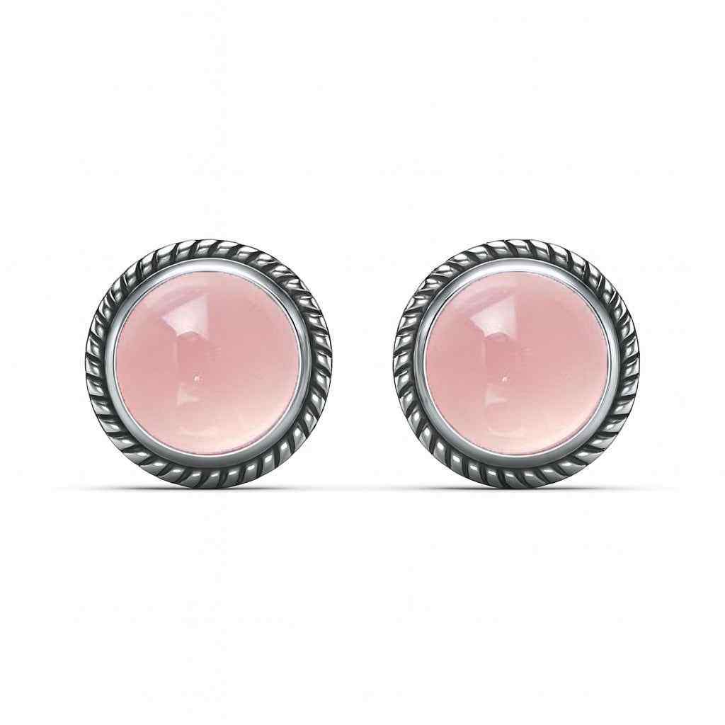 Natural Pink Opal 6mm Round Cabochon Stud Earrings in 925 Sterling Silver Gemstone Studs