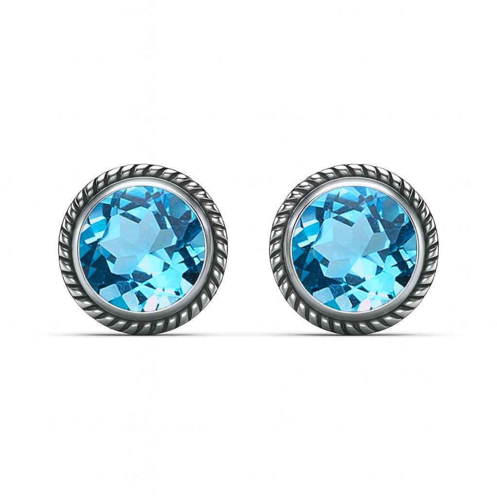 Natural Swiss Blue Topaz 6mm Round Cut Stud Earrings in 925 Sterling Silver Studs
