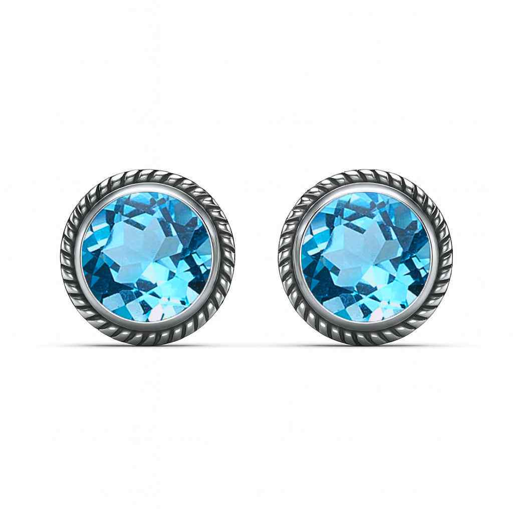 Natural Swiss Blue Topaz 6mm Round Cut Stud Earrings in 925 Sterling Stud & Earringss