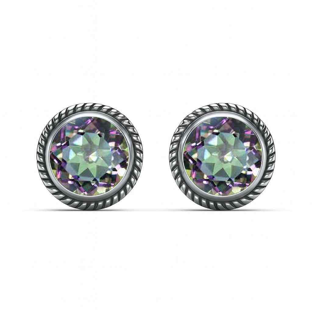 Natural Mystic Quartz 6mm Round Cut Stud Earrings in 925 Sterling Silver Gemstone Studs