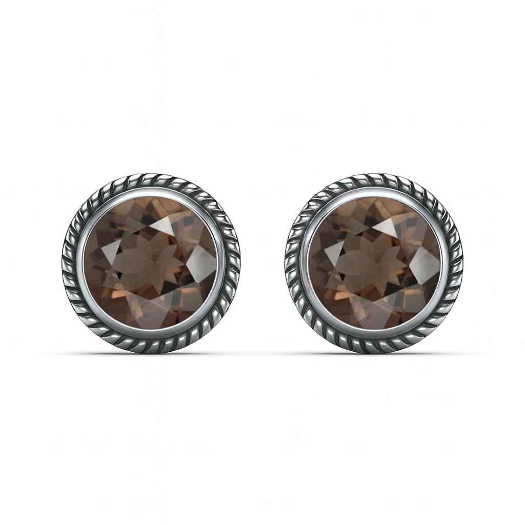 Smoky Quartz 6mm Round Cut Stud Earrings in 925 Sterling Silver Gemstone Studs