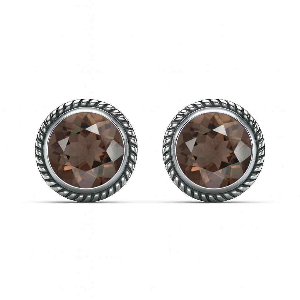 Smoky Quartz 6mm Round Cut Stud Earrings in 925 Sterling Silver Gemstone Studs