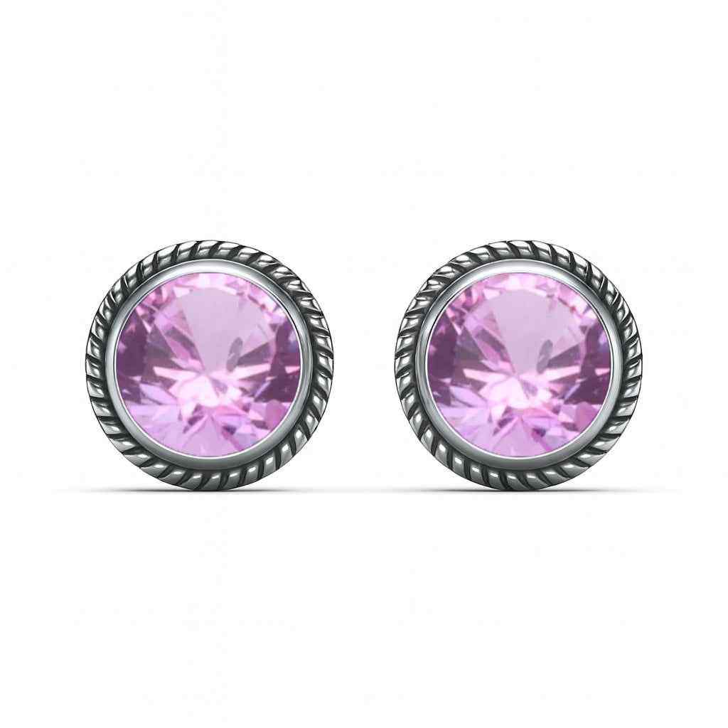 Natural Pink Amethyst 6mm Round Cut Stud Earrings in 925 Sterling Silver Gemstone Studs