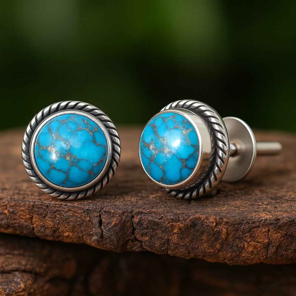 Natural Copper Turquoise 6mm Round Cabs Stud Earrings in 925 Sterling Silver Gemstone Studs