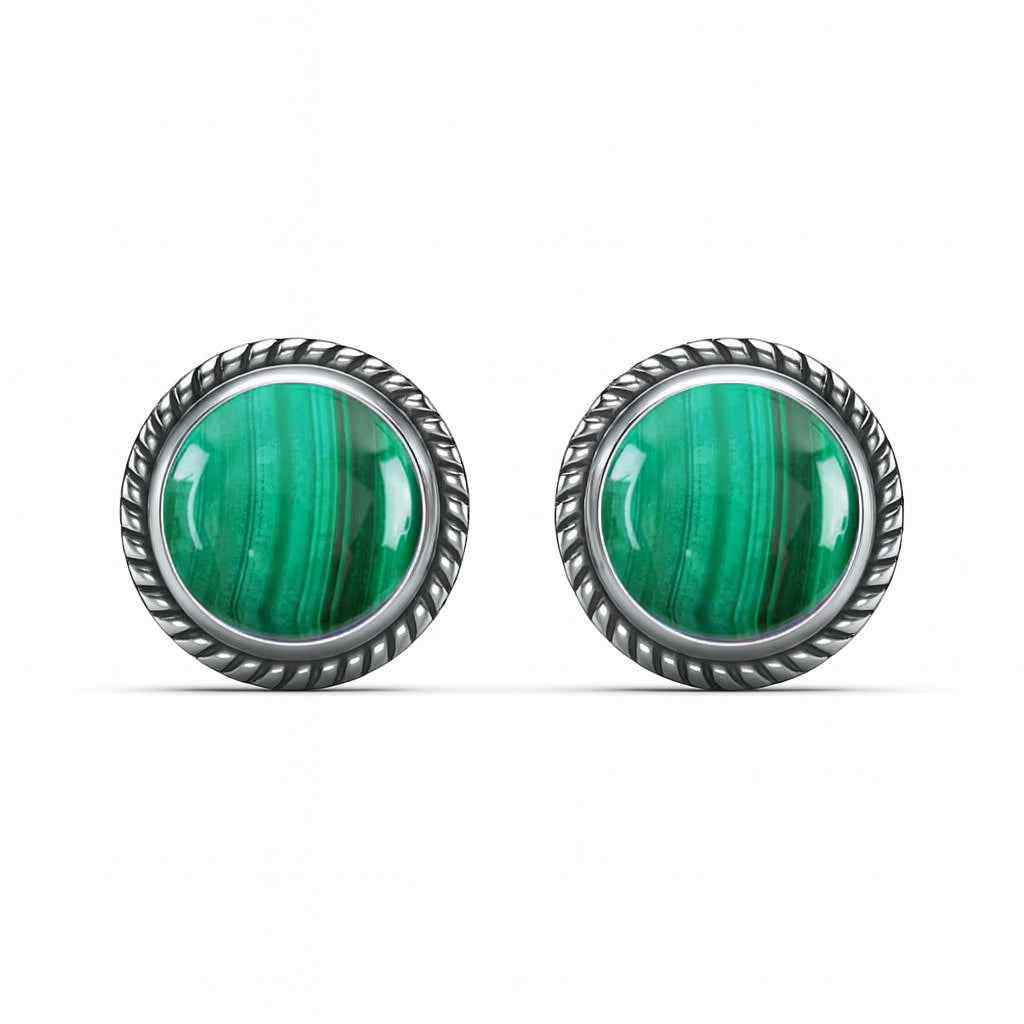 Natural Malachite 6mm Round Cabochon Stud Earrings in 925 Sterling Silver Gemstone Studs