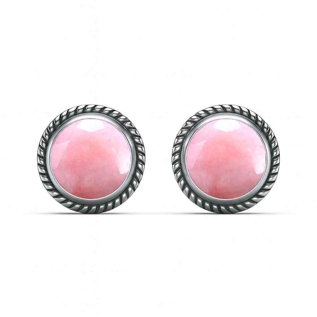 Natural Pink Opal 6mm Round Cabochon Stud Earrings in 925 Sterling Silver Gemstone Studs