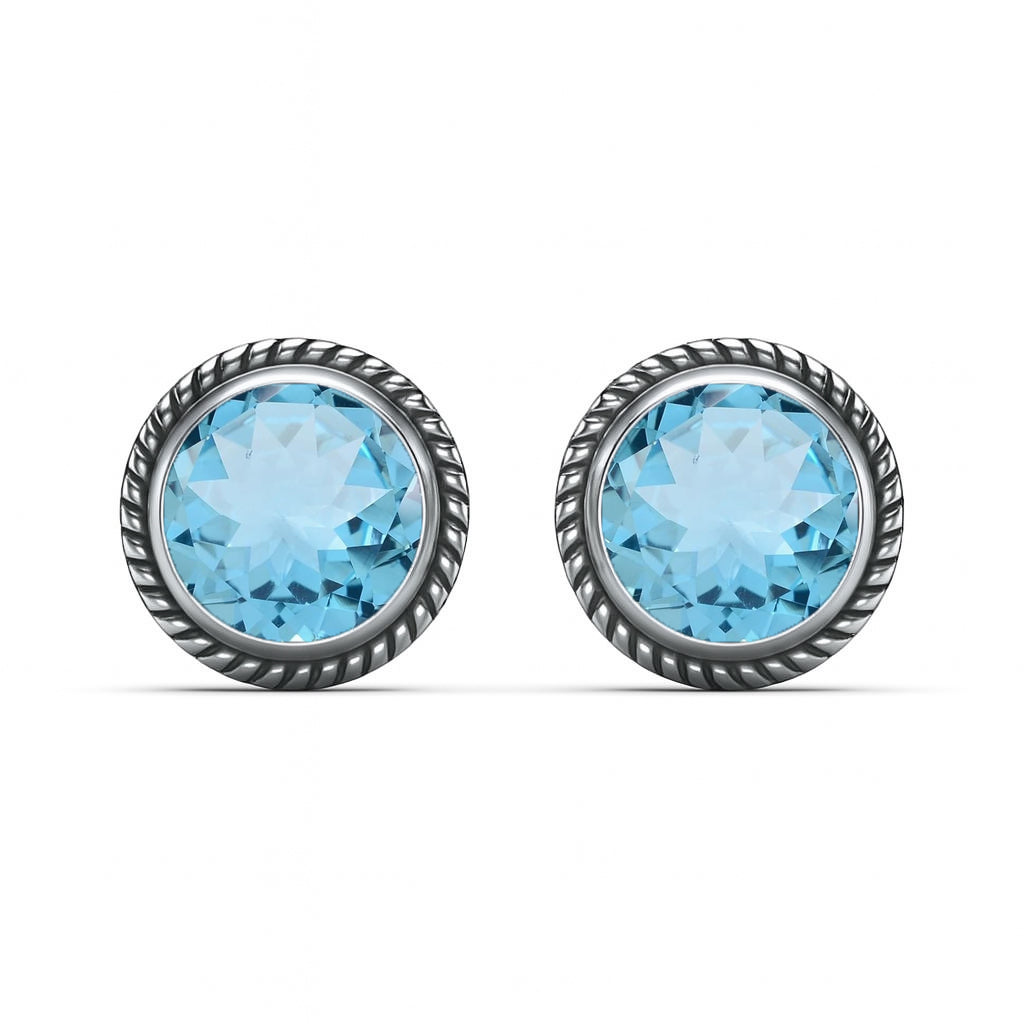 Blue Topaz 6mm round cut stud earrings in sterling silver, gemstone earrings by Himalya Quartz featuring classic silver studs.