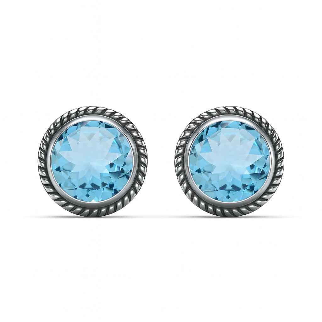 Blue Topaz 6mm Round Cut Stud Earrings in 925 Sterling Silver Gemstone Studs