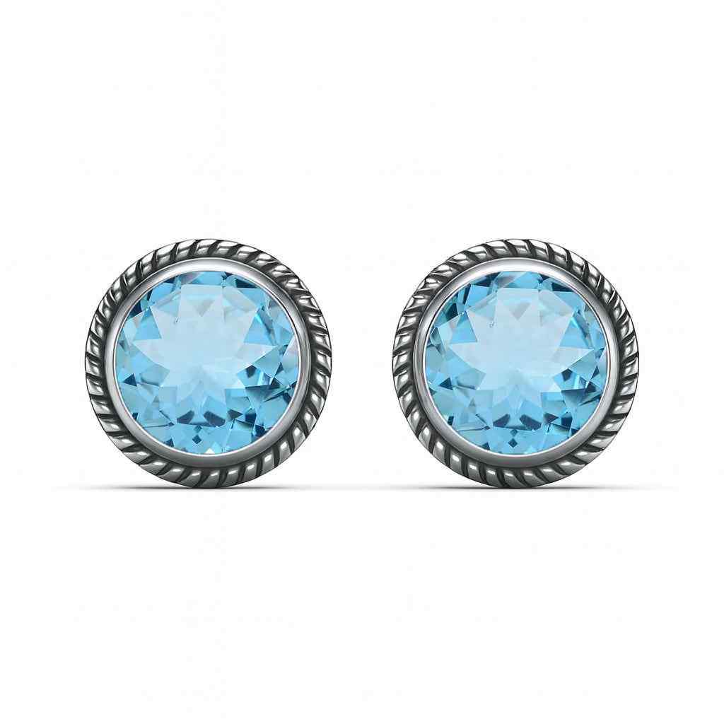 Blue Topaz 6mm Round Cut Stud Earrings in 925 Sterling Silver Gemstone Studs