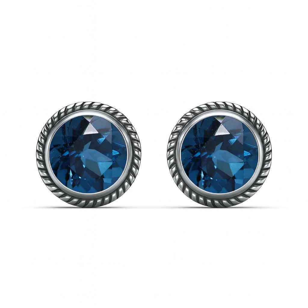 Natural London Blue Topaz 6mm Round Cut Stud Earrings in 925 Sterling Silver Gemstone Studs