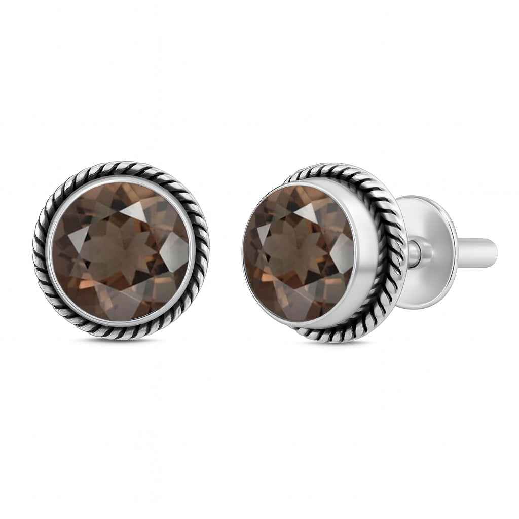 Smoky Quartz 6mm Round Cut Stud Earrings in 925 Sterling Silver Gemstone Studs