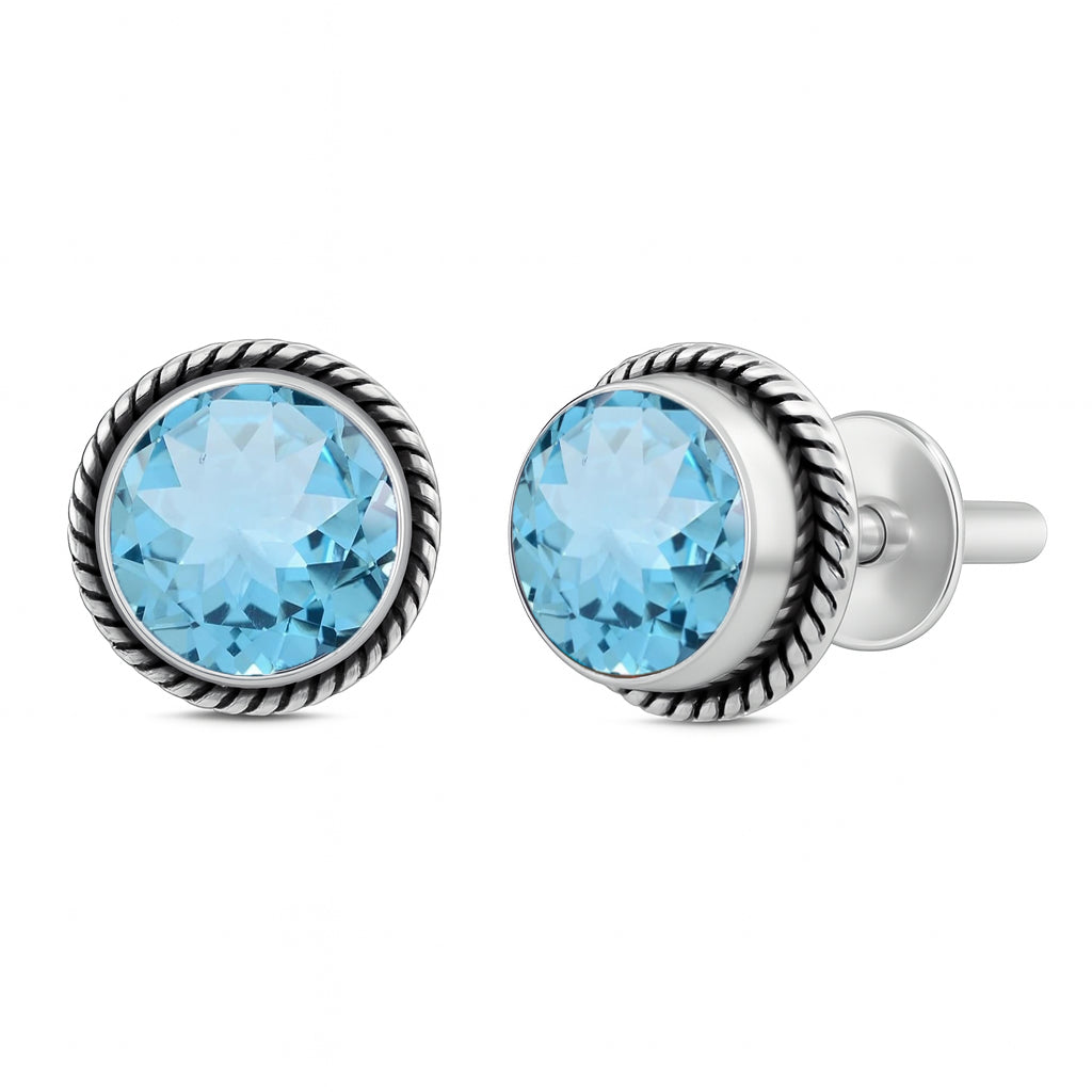 Blue Topaz 6mm round cut sterling silver stud earrings with gemstone accents, by Himalya Quartz