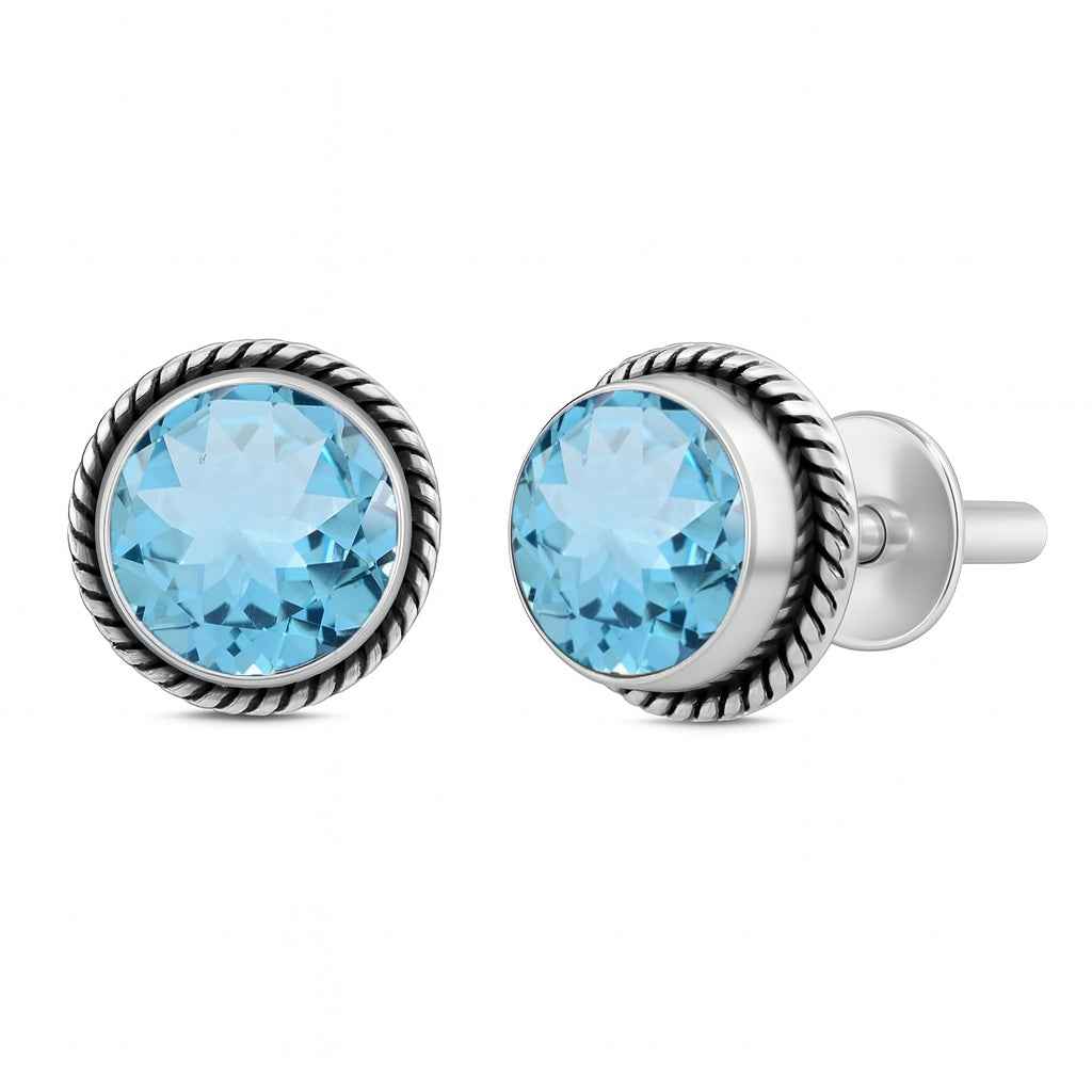 Blue Topaz 6mm Round Cut Stud Earrings in 925 Sterling Silver Gemstone Studs