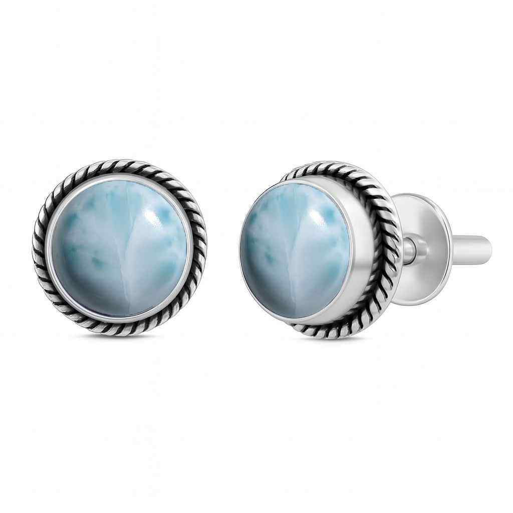 Natural Larimar 6mm Round Cabochon Stud Earrings in 925 Sterling Silver Gemstone Studs