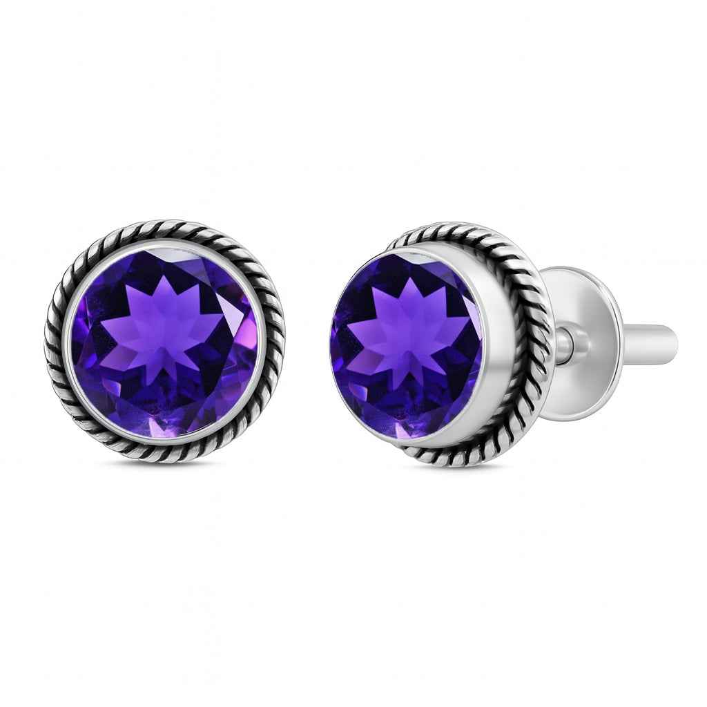 Natural Amethyst 6mm Round Cut Stud Earrings in 925 Sterling Silver – Gemstone Studs