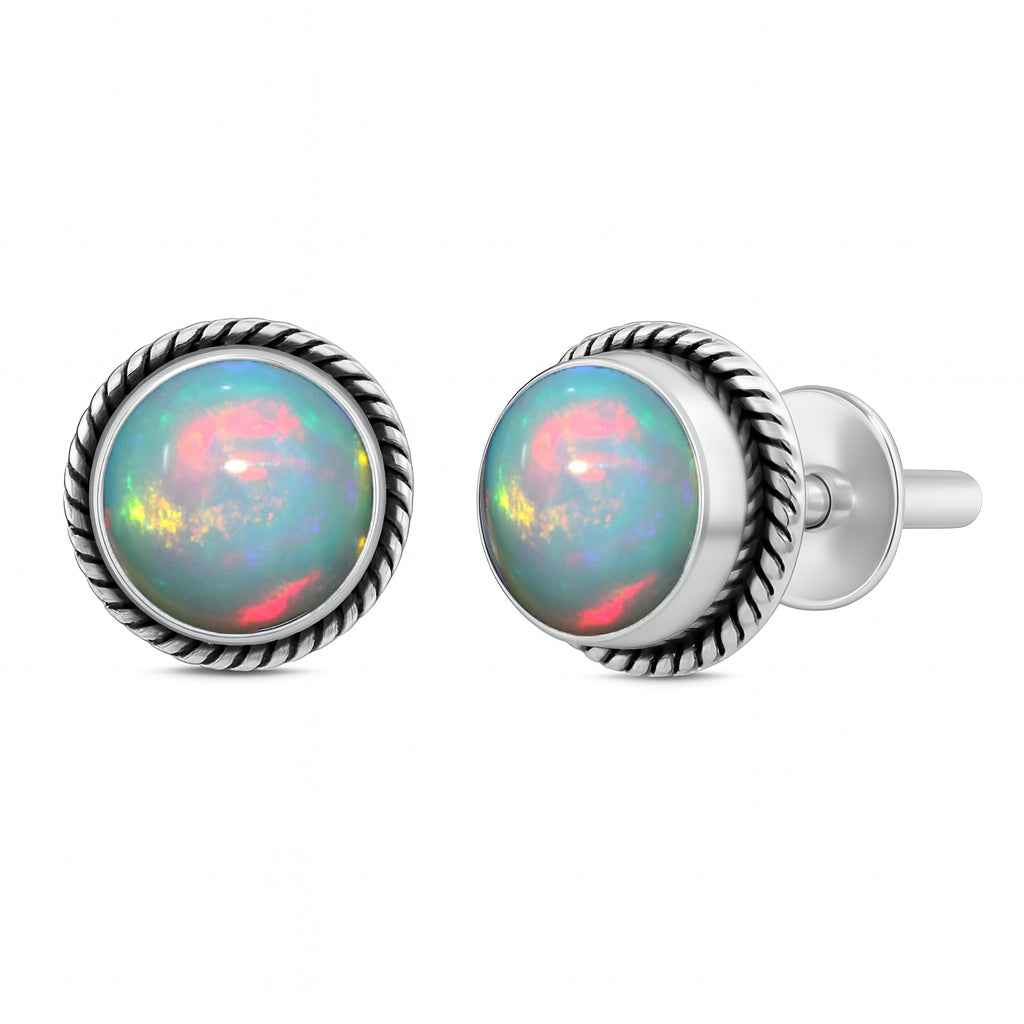 Natural Opal 6mm Round Cabochon Stud Earrings in 925 Sterling Silver – Opal Gemstone Studs