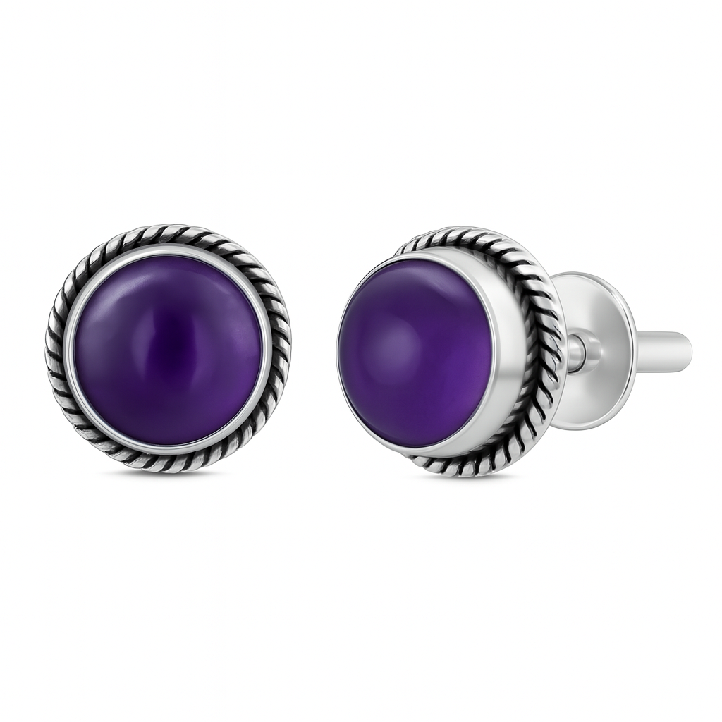 Natural amethyst 6mm round cabochon stud earrings in 925 sterling silver, gemstone silver studs by Himalya Quartz.