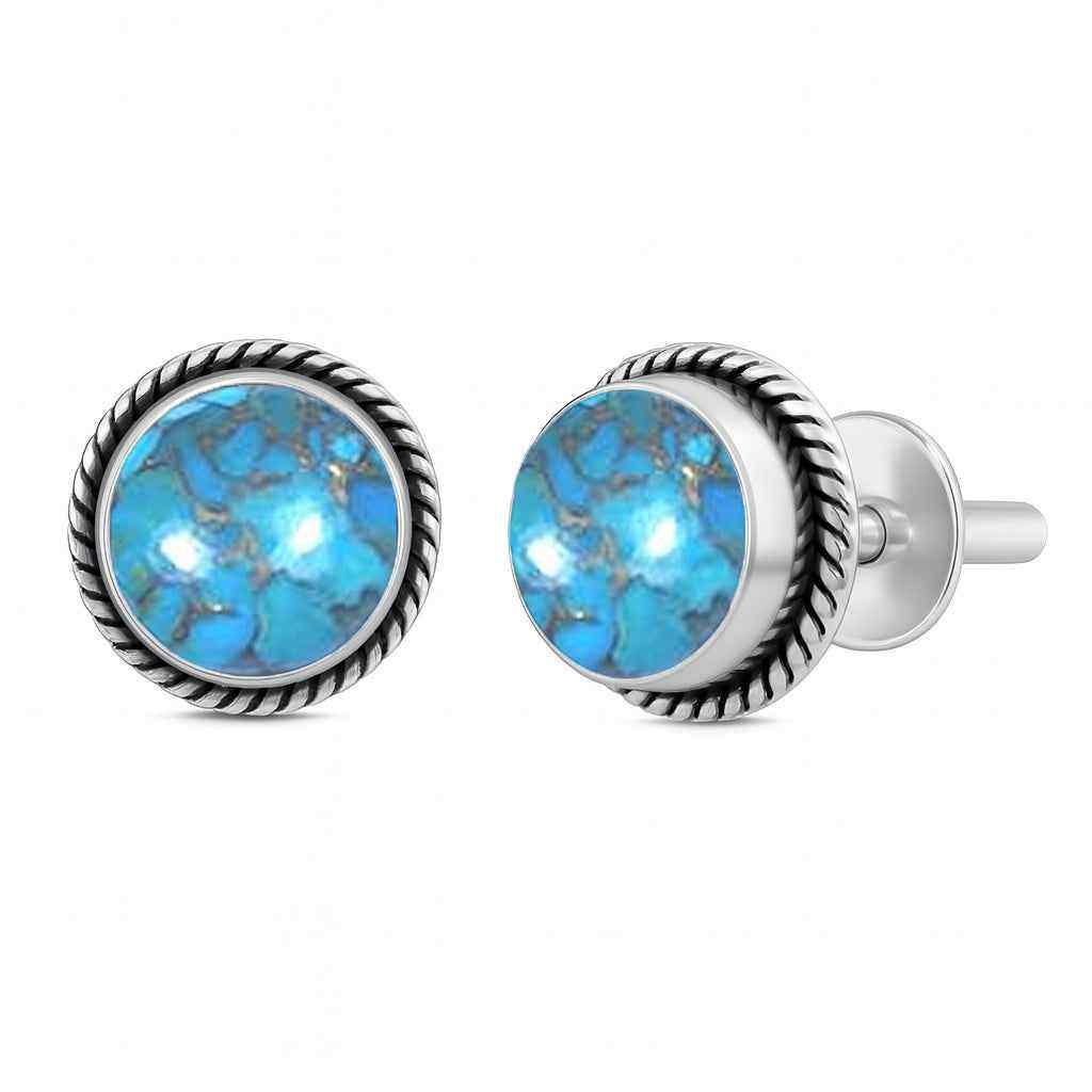 Natural Copper Turquoise 6mm Round Cabs Stud Earrings in 925 Sterling Silver Gemstone Studs