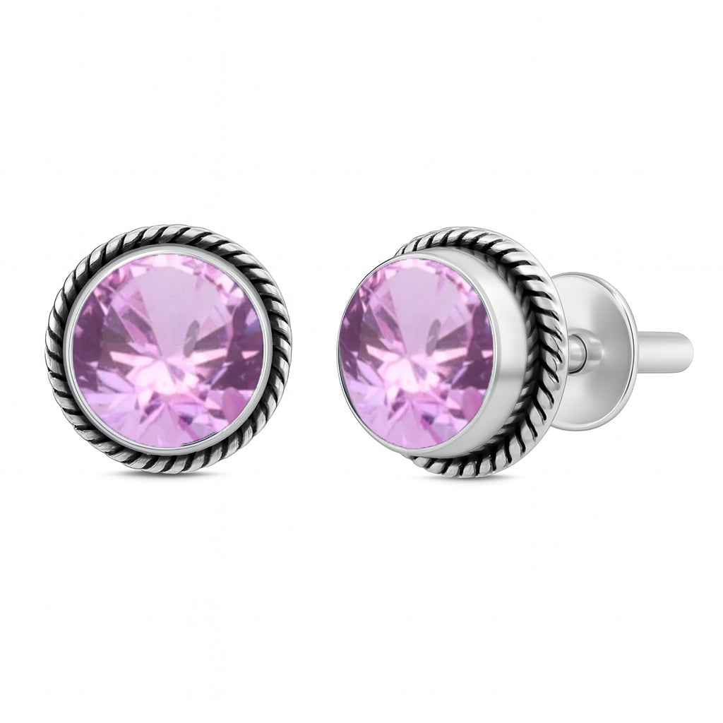 Natural Pink Amethyst 6mm Round Cut Stud Earrings in 925 Sterling Silver Gemstone Studs