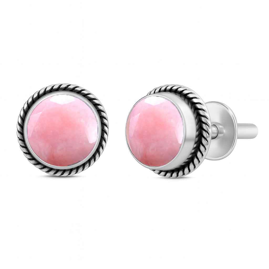 Natural Pink Opal 6mm Round Cabochon Stud Earrings in 925 Sterling Silver Gemstone Studs