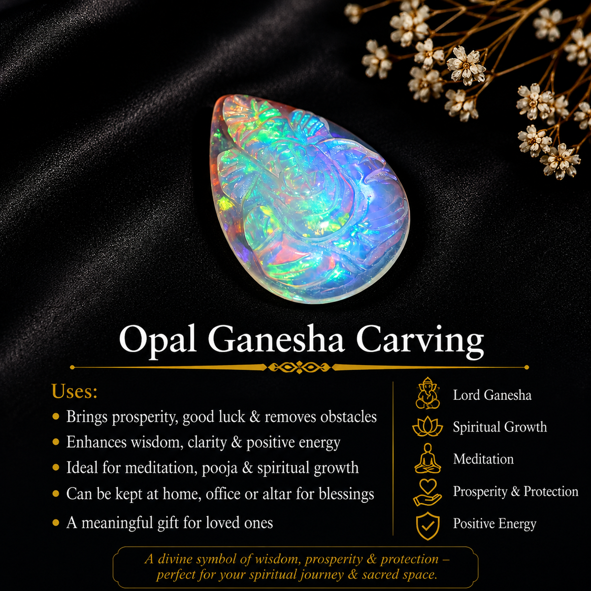 Hand-Carved Ethiopian Opal Ganesha Statue: Pear Shape Crystal Carving (5.60 Carat)
