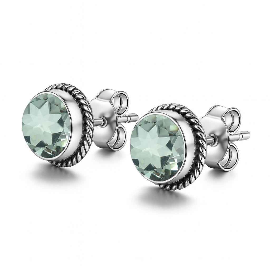 Natural Green Amethyst 6mm Round Cut Stud Earrings in 925 Sterling Silver Gemstone Studs