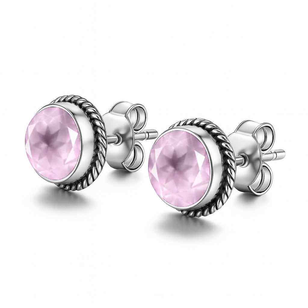 Natural Rose Quartz 6mm Round Cut Stud Earrings in 925 Sterling Silver Pink Gemstone Studs