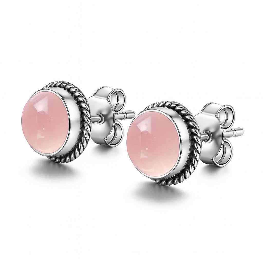 Natural Pink Opal 6mm Round Cabochon Stud Earrings in 925 Sterling Silver Gemstone Studs