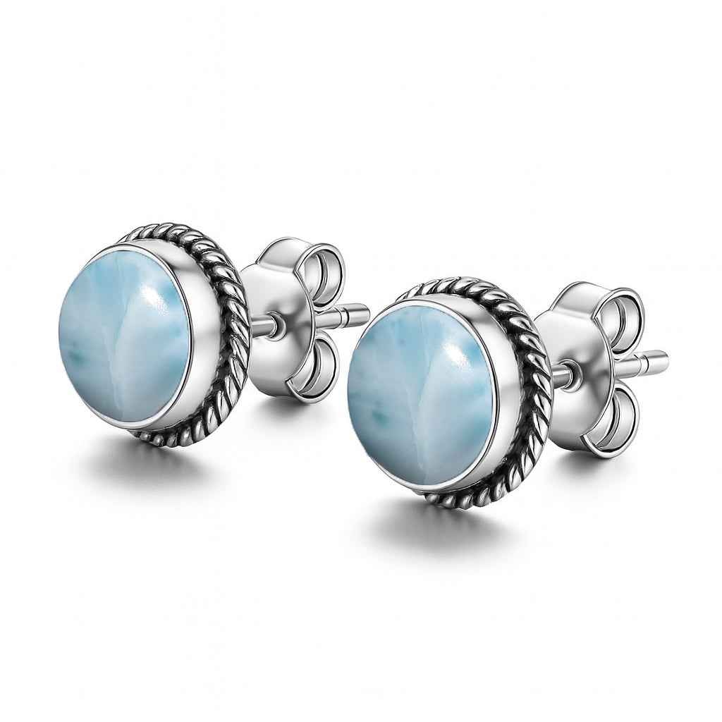 Natural Larimar 6mm Round Cabochon Stud Earrings in 925 Sterling Silver Gemstone Studs