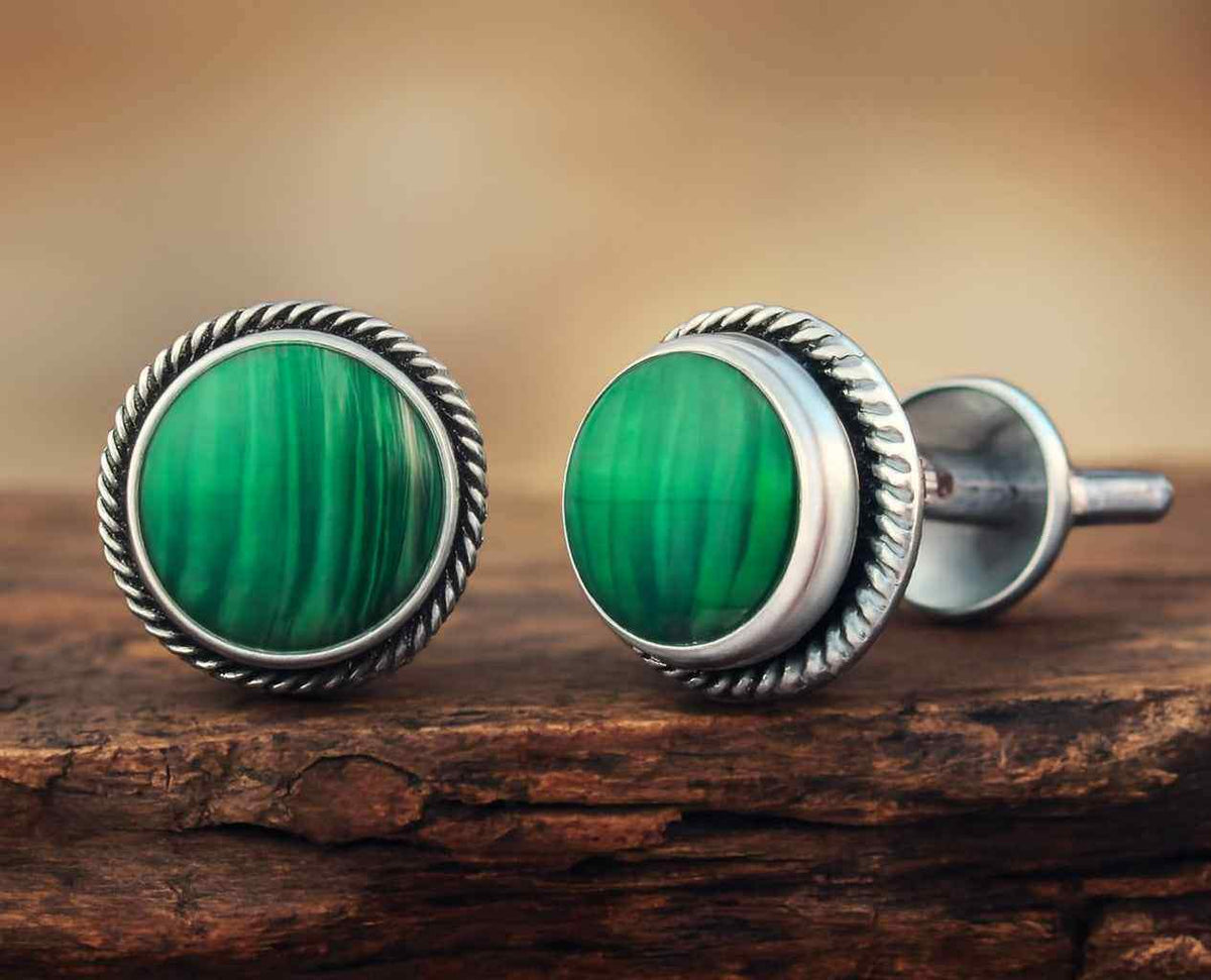 Natural Malachite 6mm Round Cabochon Stud Earrings in 925 Sterling Silver Gemstone Studs