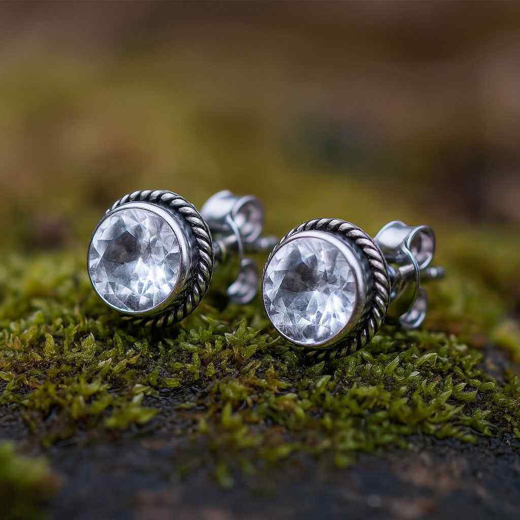 Natural Crystal 6mm Round Cut Stud Earrings in 925 Sterling Silver – Clear Gemstone Studs
