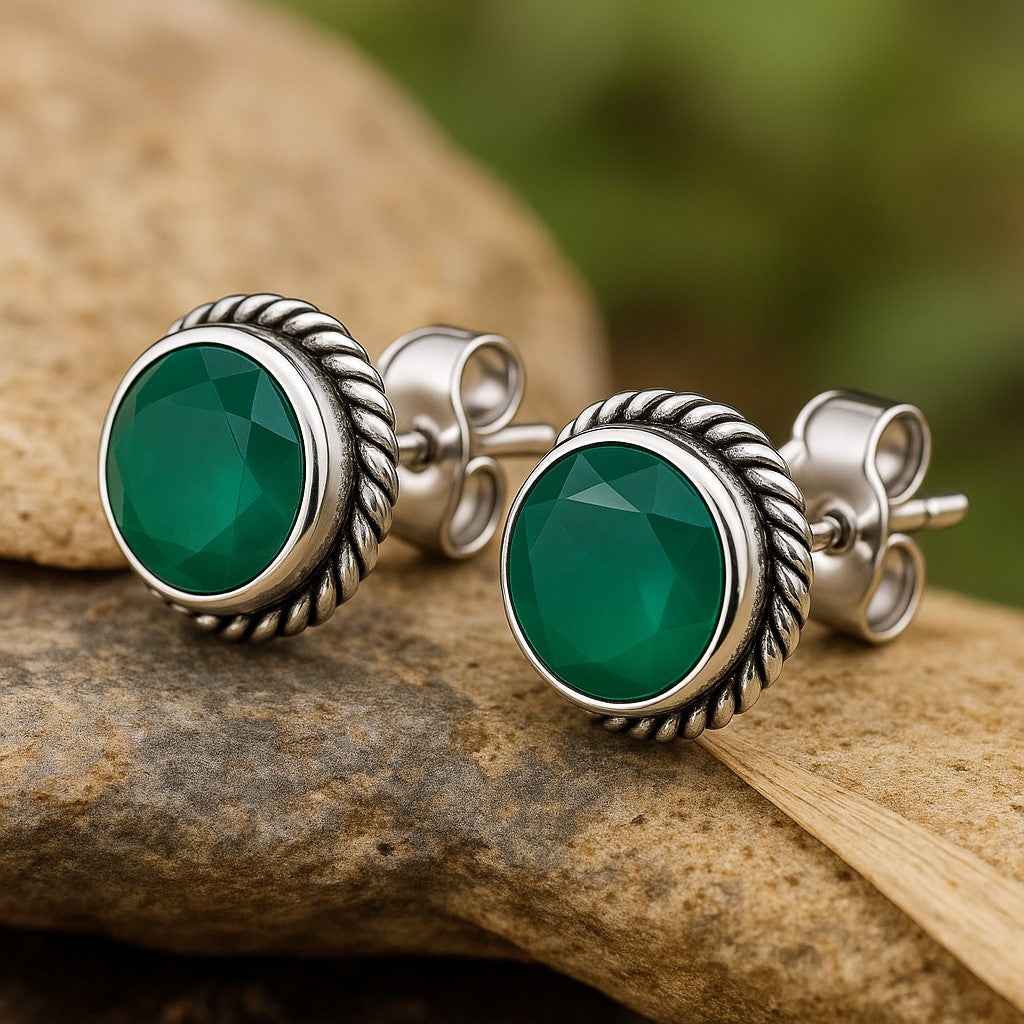 Natural Green Onyx 6mm Round Cut Stud Earrings in 925 Sterling Silver Gemstone Studs