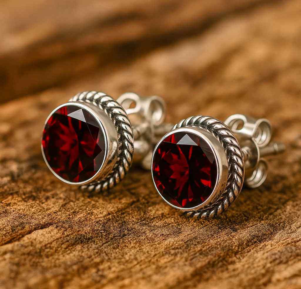 Natural Garnet 6mm Round Cut Stud Earrings in 925 Sterling Silver Gemstone Studs
