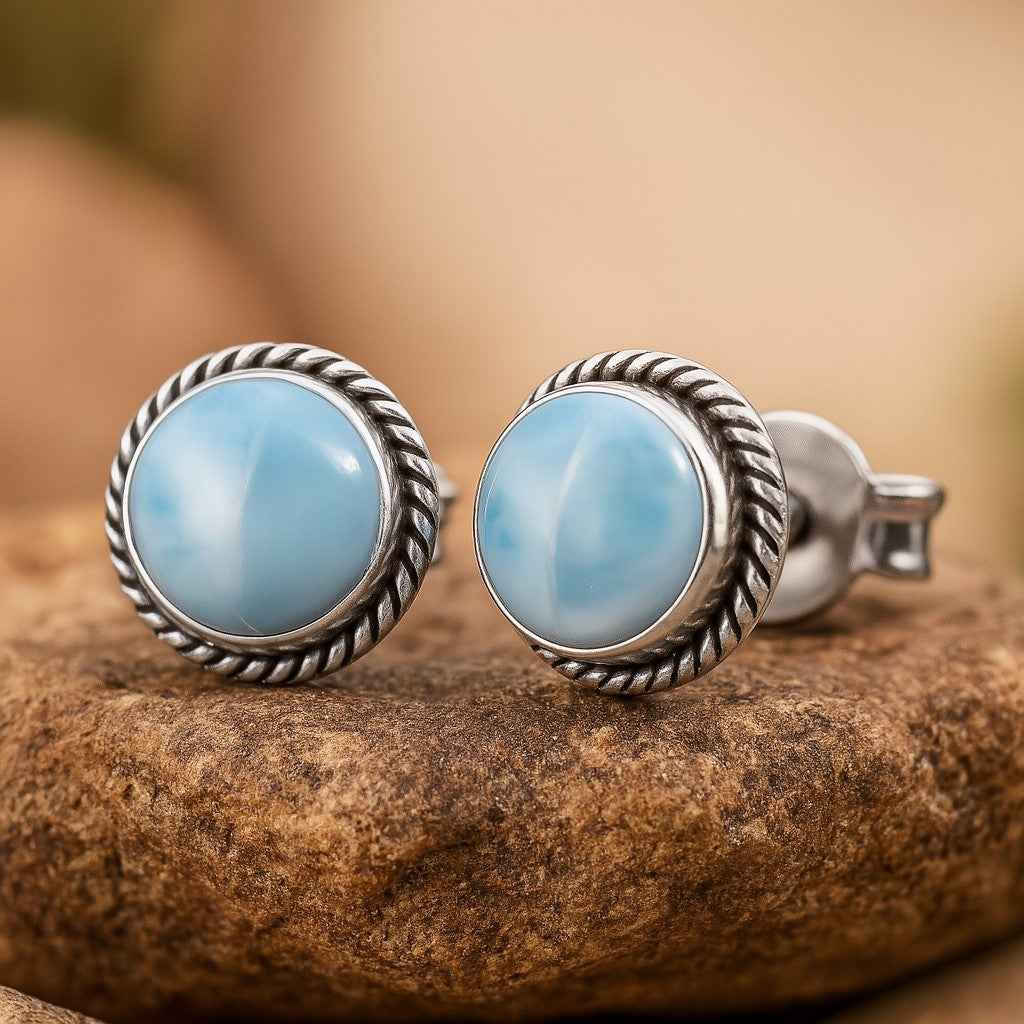 Natural Larimar 6mm Round Cabochon Stud Earrings in 925 Sterling Silver Gemstone Studs