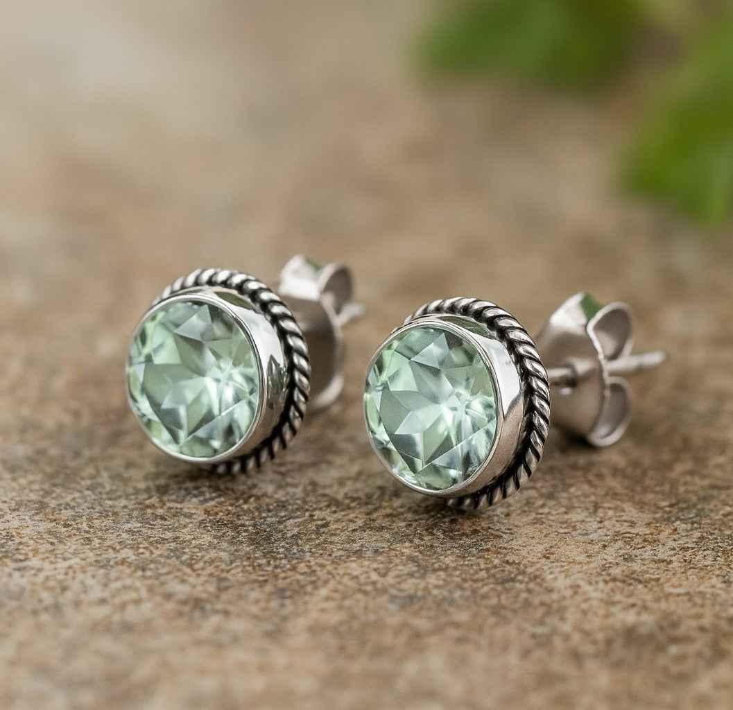 Natural Green Amethyst 6mm Round Cut Stud Earrings in 925 Sterling Silver Gemstone Studs