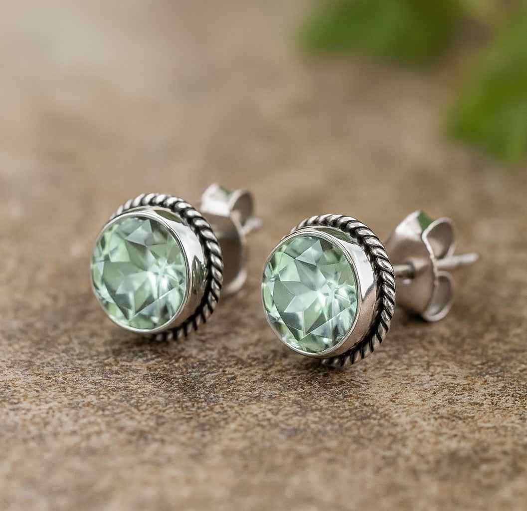 Natural Green Amethyst 6mm Round Cut Stud Earrings in 925 Sterling Silver Gemstone Studs