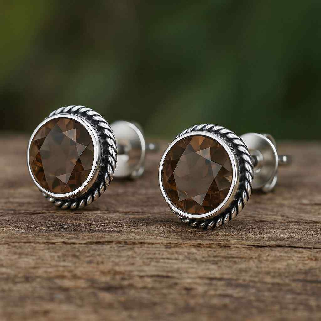 Smoky Quartz 6mm Round Cut Stud Earrings in 925 Sterling Silver Gemstone Studs