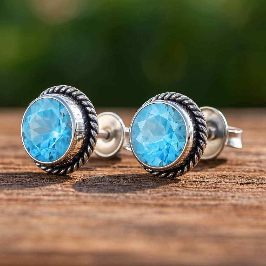 Blue Topaz 6mm Round Cut Stud Earrings in 925 Sterling Silver Gemstone Studs
