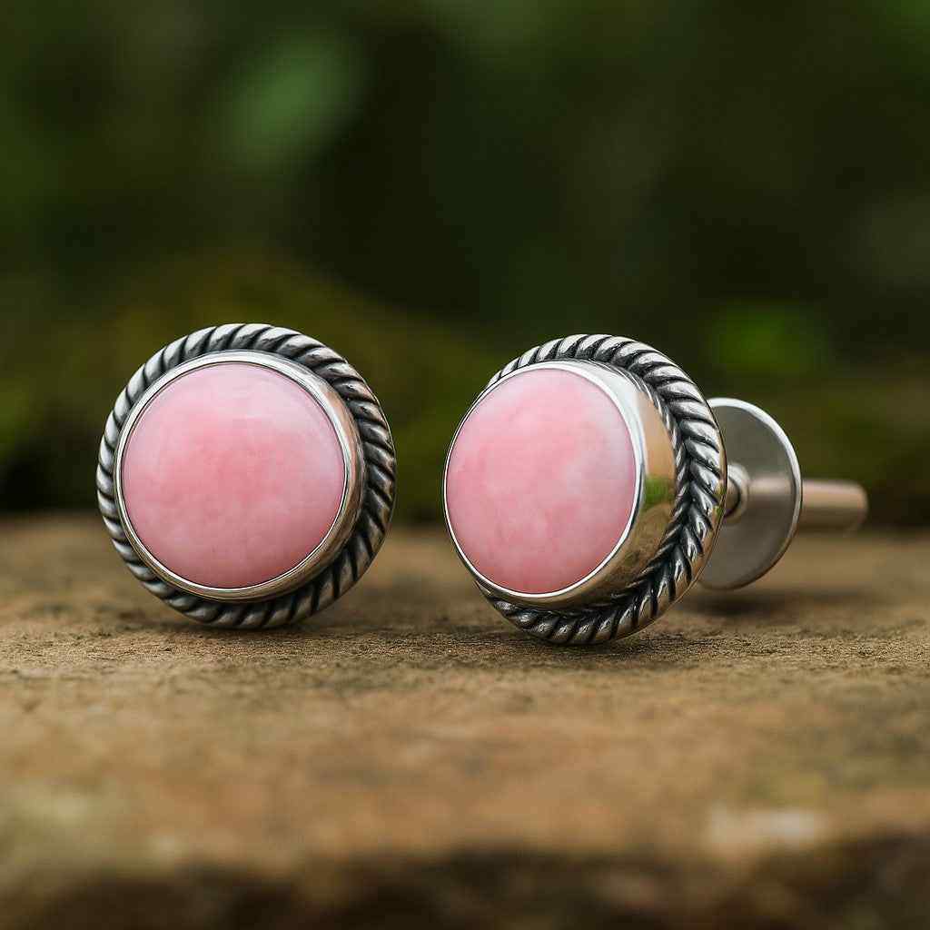 Natural Pink Opal 6mm Round Cabochon Stud Earrings in 925 Sterling Silver Gemstone Studs
