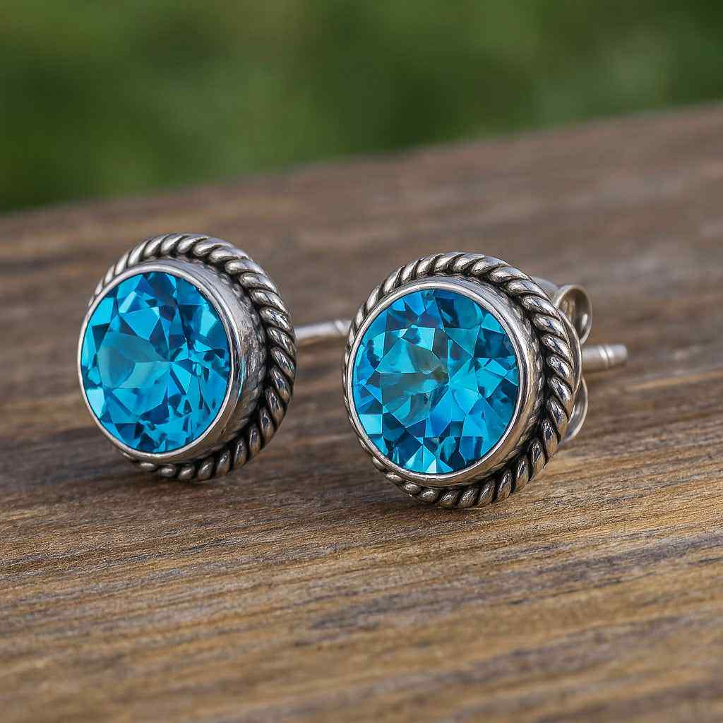 Natural Swiss Blue Topaz 6mm Round Cut Stud Earrings in 925 Sterling Stud & Earringss
