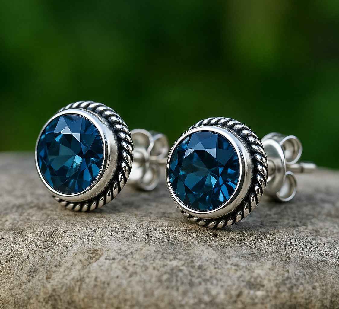 Natural London Blue Topaz 6mm Round Cut Stud Earrings in 925 Sterling Silver Gemstone Studs