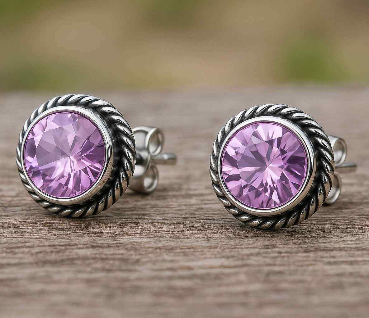 Natural Pink Amethyst 6mm Round Cut Stud Earrings in 925 Sterling Silver Gemstone Studs