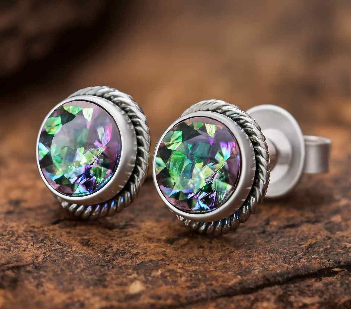 Natural Mystic Quartz 6mm Round Cut Stud Earrings in 925 Sterling Silver Gemstone Studs