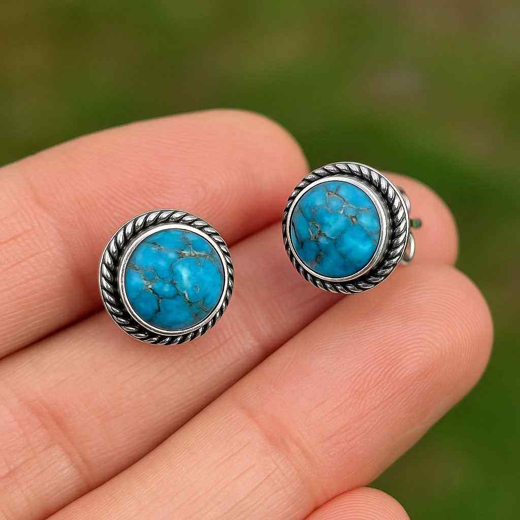 Natural Copper Turquoise 6mm Round Cabs Stud Earrings in 925 Sterling Silver Gemstone Studs