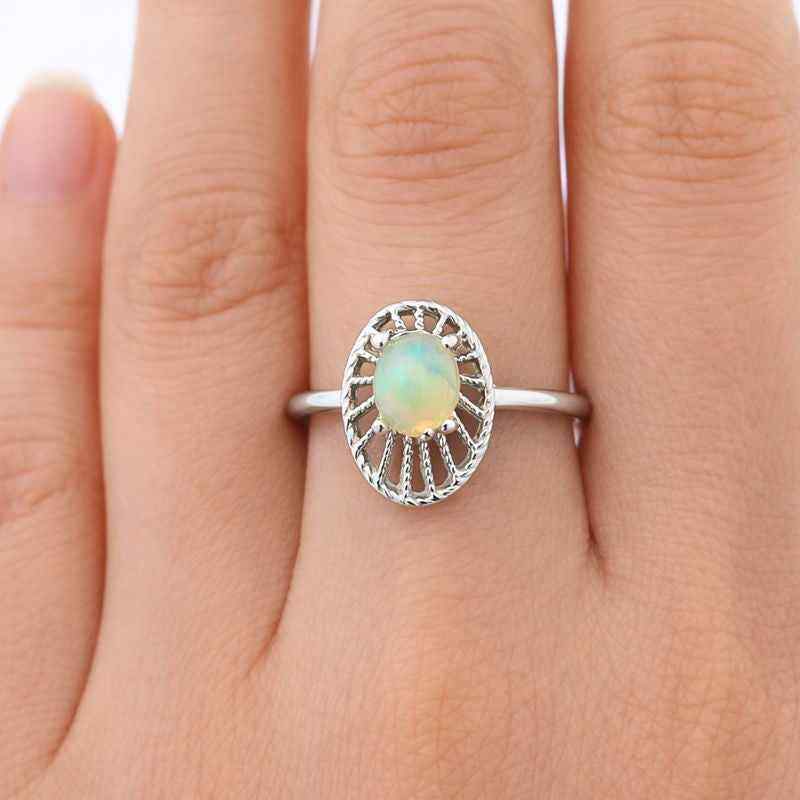 Natural White Ethiopian Opal Ring5x7mm Oval Cabochon in 925 Sterling Silver Handmade Statement Jewelry